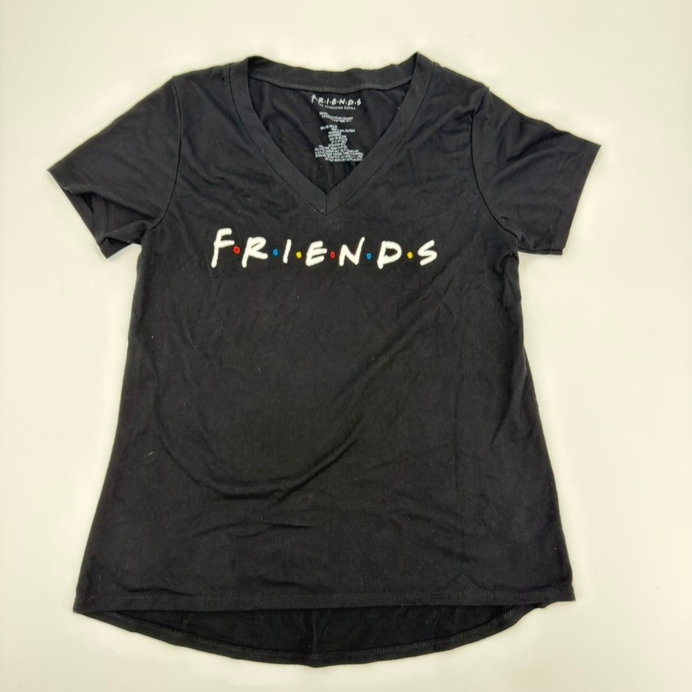 Friends TV Show Graphic Tee Womens Small Black V-Neck Short Sleeve Logo Shirt